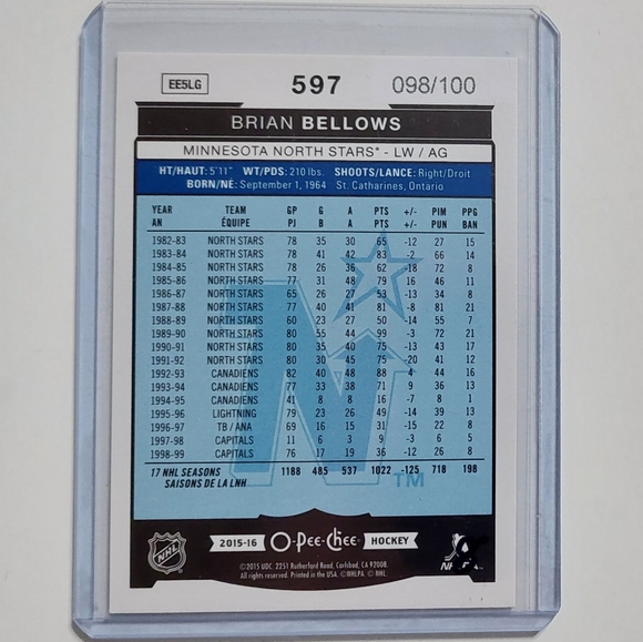 Brian Bellows Marquee Lengends 2015-16 OPC Rainbow Black 098/100 North Stars - Picture 2 of 2